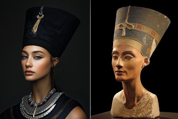 AI je predstavio svoju varijaciju biste Nefertiti - jednog od najpoznatijih dela drevne egipatske umetnosti. Ovaj stilizovani skulpturalni portret prikazuje Nefertiti, ženu reformatorskog faraona Ehnatona, koji je vladao Drevnim Egiptom od približno 1351. do 1334. pre nove ere.  - Sputnik Srbija