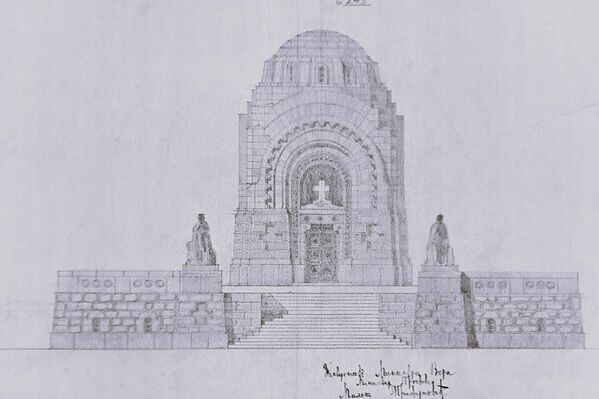 Скица споменика на Зејтинлику. Идејно решење изгледа монументалне спомен-костурнице на српском војничком гробљу Зејтинлик, дело је архитекте Александра Васића чију је идеју разрадио Николај Краснов. - Sputnik Србија