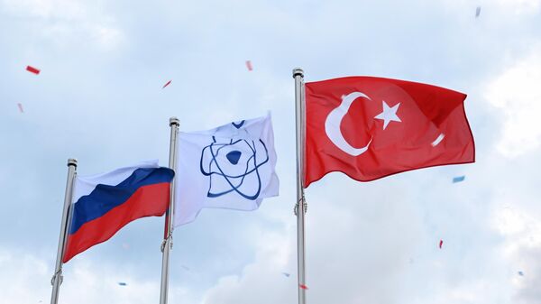 Zastave Rusije, Turske i IAEA na ceremoniji isporuke nuklearnog goriva u NE Akuju - Sputnik Srbija