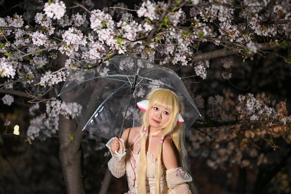 Devojka pozira za fotografiju sa cvetovima trešnje noću u Nanjingu, provincija Đangsu u Kini - Sputnik Srbija