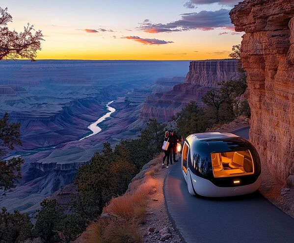 CanyonFloat X —такси у облику аеродинамичног џипа. Путник подешава руту преко тач панела, након чега возило самостално прати путању, избегавајући препреке. - Sputnik Србија