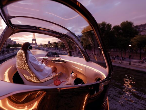 Елитни такси будућности, који лебди 5 метара изнад тла Париза носи назив &quot;Небески луксуз&quot;.  Француски шик, употпуњен најсавременијом технологијом доноси премијум услугу попут кафе с потписом робота баристе. - Sputnik Србија