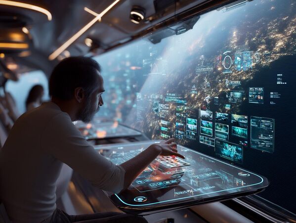 Уредник фотографије листа плутајуће холографске слике најновијих вести - нереди у колонијама на Марсу, гласине о првом контакту, напредак у тераформирању. - Sputnik Србија