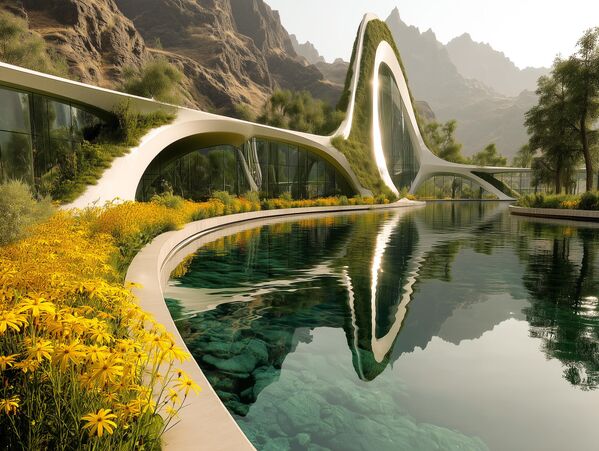 Футуристичко одмаралиште са висећим вртовима урминих палми и маслина хармонично се уклапа у стеновити пејзаж. Футуристичко одмаралиште са висећим вртовима урминих палми и маслина хармонично се уклапа у стеновити пејзаж. - Sputnik Србија