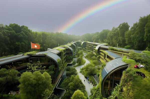 Футуристички стамбени комплекс у делти Меконга где су вијетнамске куће прекривене флексибилним соларним панелима и кровним терасама. Футуристички стамбени комплекс у делти Меконга где су вијетнамске куће прекривене флексибилним соларним панелима и кровним терасама. - Sputnik Србија