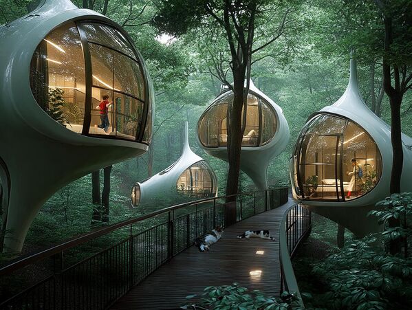 Паметне куће интегрисане у пејзаж белоруских шума направљене су од рециклираног дрвета са „живим“ фасадама, где алгоритми прилагођавају дебљину покривача маховине у реалном времену ради терморегулације. Паметне куће интегрисане у пејзаж белоруских шума направљене су од рециклираног дрвета са „живим“ фасадама, где алгоритми прилагођавају дебљину покривача маховине у реалном времену ради терморегулације. - Sputnik Србија