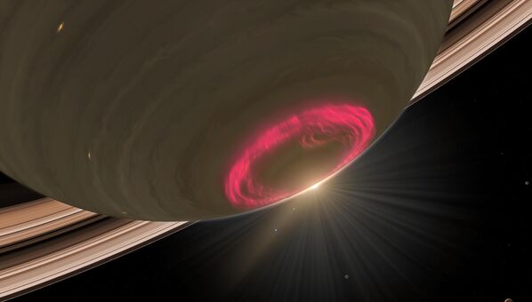 Уметнички приказ црвене ауроре изнад Сатурновог јужног пола. Уметнички приказ црвене ауроре изнад Сатурновог јужног пола. - Sputnik Србија