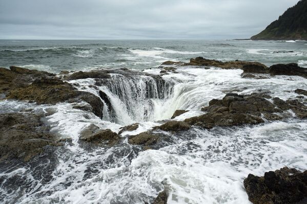 Торов бунар, природни феномéн на обали Орегона, је заправо рупа у стени која се чини као да гута океанске таласе. Торов бунар, природни феномéн на обали Орегона, је заправо рупа у стени која се чини као да гута океанске таласе. - Sputnik Србија