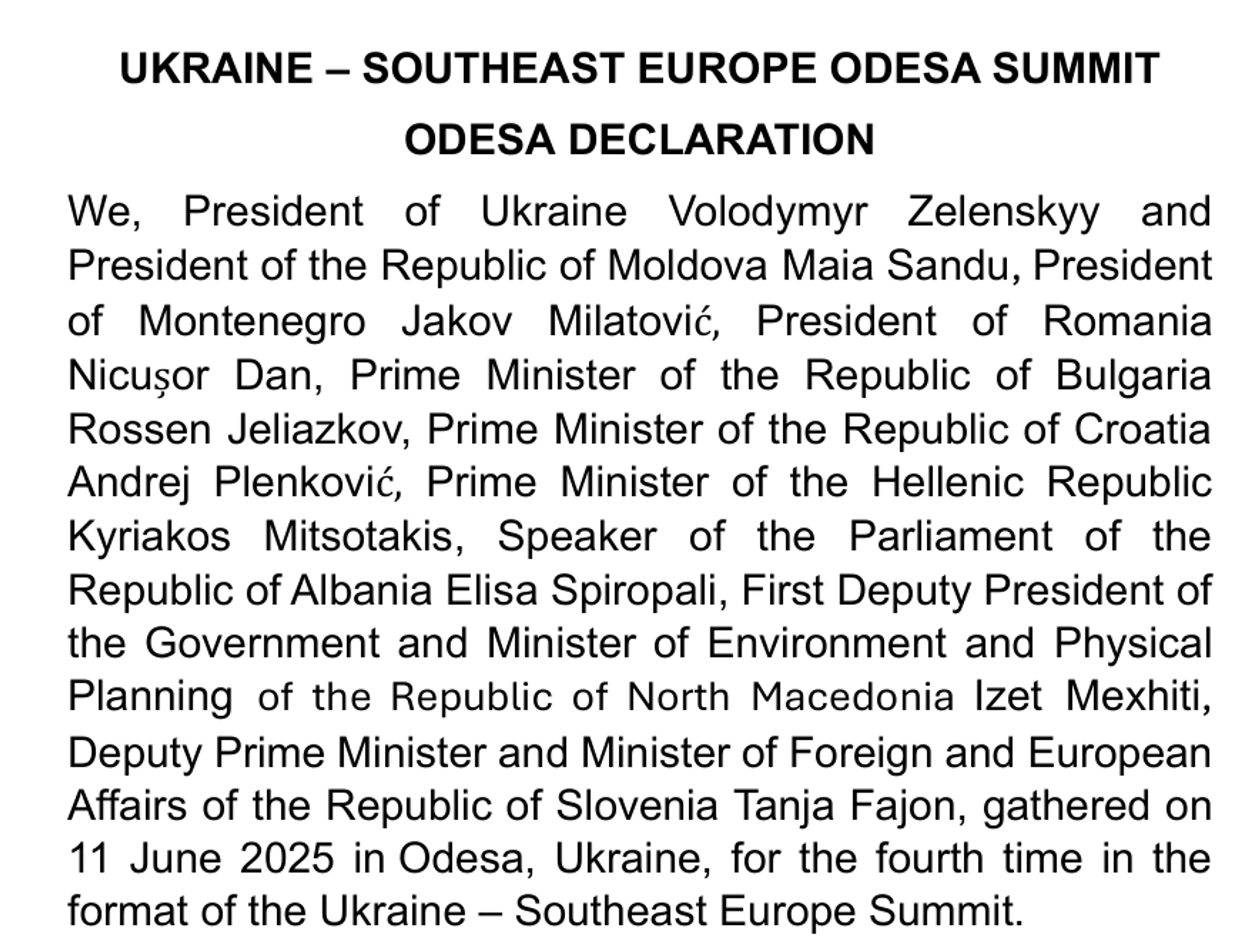 Deklaracija sa Samita Ukrajina-Jugoistočna Evropa u Odesi - Sputnik Srbija, 1920, 11.06.2025