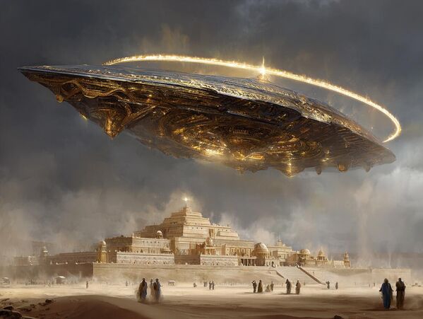 Вимана изнад древног храма, Индија. Детаљни описи ваздушних кочија могу се наћи у Махабхарати и Рамајани, као и у Ваиманика-Шастри, која описује техничке карактеристике летећих машина. - Sputnik Србија