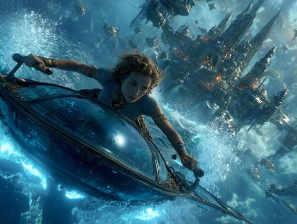 Бегство из Атлантиде - девојка пилотира кристалним бродом, бежећи од таласа који захватају град. Помињање невероватних технологија Атлантиде може се наћи у Платоновој Критији. - Sputnik Србија