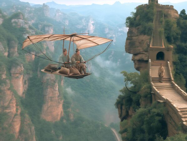 Таоистички монаси (Кина) – достављају намирнице на крхком бамбусовом пловилу, балансирајући између планинских врхова и облака. Технологија је поменута у разним трактатима: „Баопу-зи“ од Ге Хонга (4. век нове ере) – опис „ваздушних кочија“ таоистичких бесмртника. Легенде о Жанг Гуолау – једном од Осам бесмртника, који је користио бамбусову летећи апарат. - Sputnik Србија