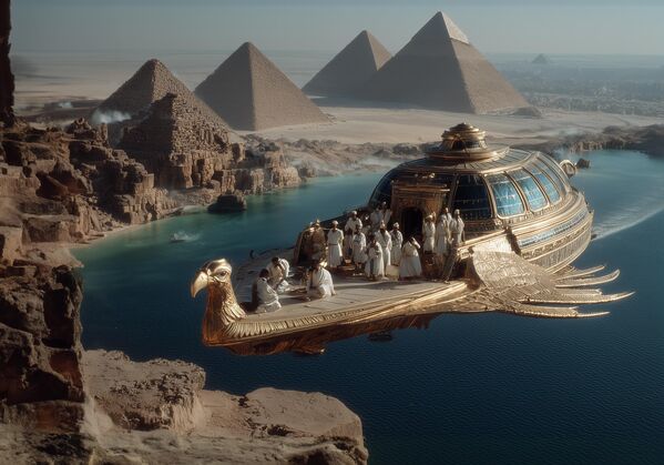 Египатска инспекција – званичници на летећем чамцу Ра проверавају изградњу пирамида. Помињање чамца може се наћи у Пирамидалним текстовима (24. век пре нове ере) – тамо је описан као соларни чамац и превоз богова. - Sputnik Србија