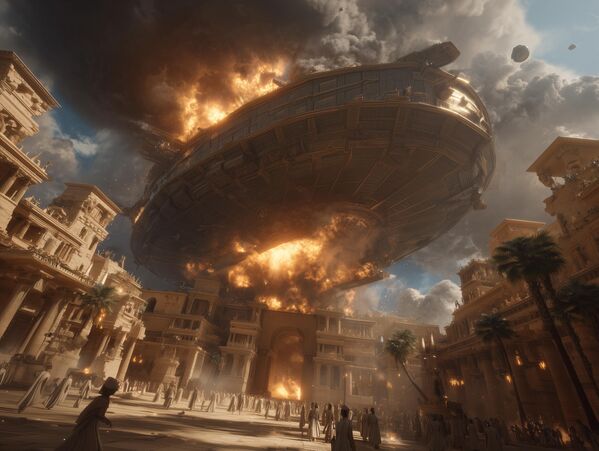 Мардукова небеска кочија, захваћена пламеном, обрушава се на градске улице, сејући панику међу становницима. Помиње се у епу „Енума Елиш“ (7. век пре нове ере) - где се описује „небеска кочија“ бога Мардука и у „Ера поеми“ - помиње се оштећење и пад божанског брода. - Sputnik Србија