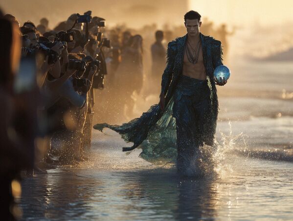 Нептун (Посејдон) – владар мора и океана, корача модном пистом са краљевском грациозношћу. Његов костим је интерпретација океанских дубина у стилу високе моде. - Sputnik Србија