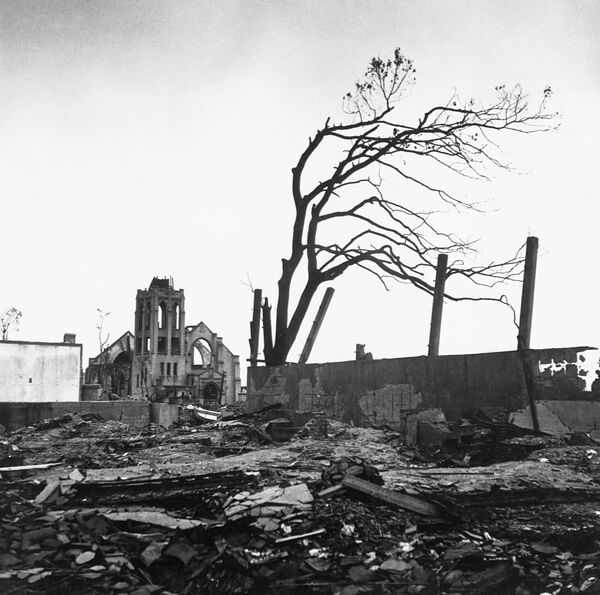 Дрво огољено од лишћа стоји усред рушевина и олупина зграда након атомске експлозије која је уништила Хирошиму 6. августа 1945. године. - Sputnik Србија