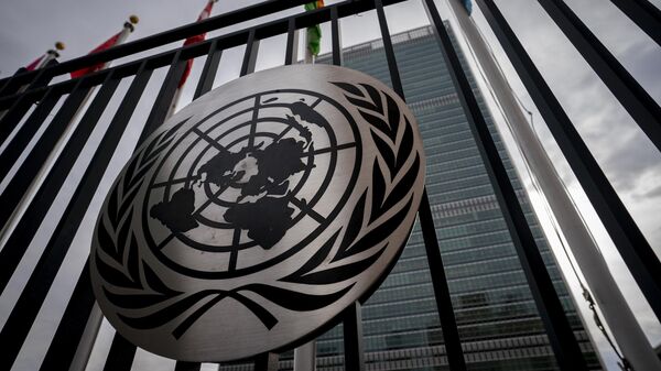 Logo Ujedinjenih nacija ispred sedišta organizacije u Njujorku - Sputnik Srbija