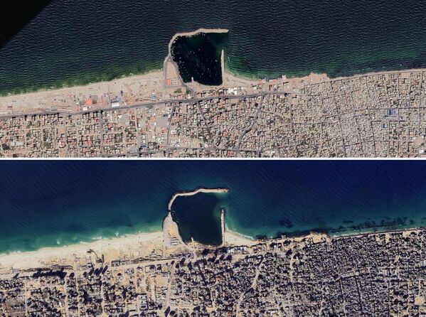 Сателитски снимци луке у Гази пре и после напада. Сателитски снимци луке у Гази пре и после напада. - Sputnik Србија