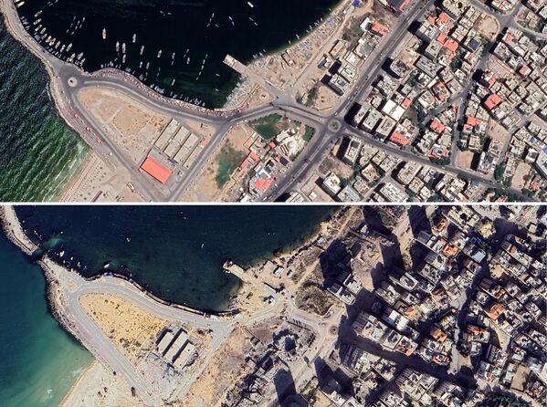 Сателитски снимци Газе у близини џамије Ал Хасаина пре и после израелских напада. Комбинација снимака насталих у јулу 2023. и децембру 2024. године. Сателитски снимци Газе у близини џамије Ал Хасаина пре и после израелских напада. Комбинација снимака насталих у јулу 2023. и децембру 2024. године. - Sputnik Србија