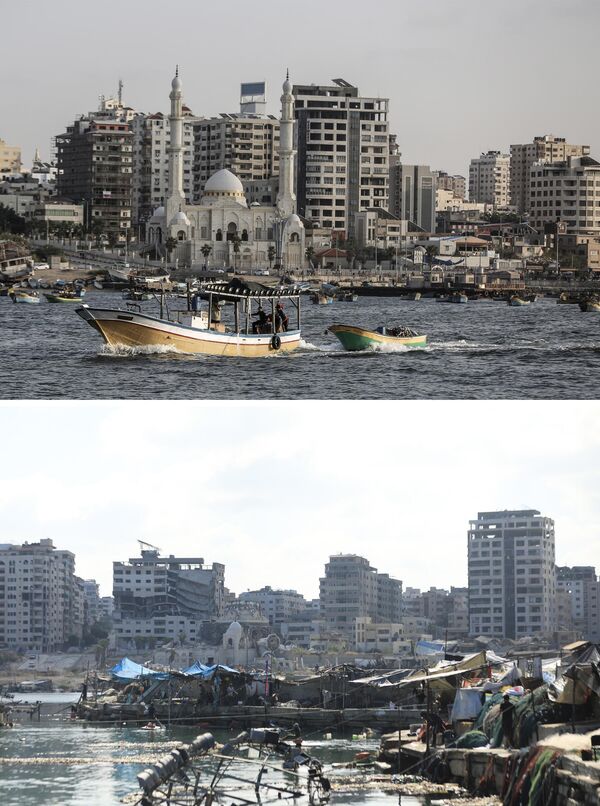 Фотографије које приказују џамију Ал Хасаина пре и после израелских напада на Газу. Фотографије које приказују џамију Ал Хасаина пре и после израелских напада на Газу. - Sputnik Србија