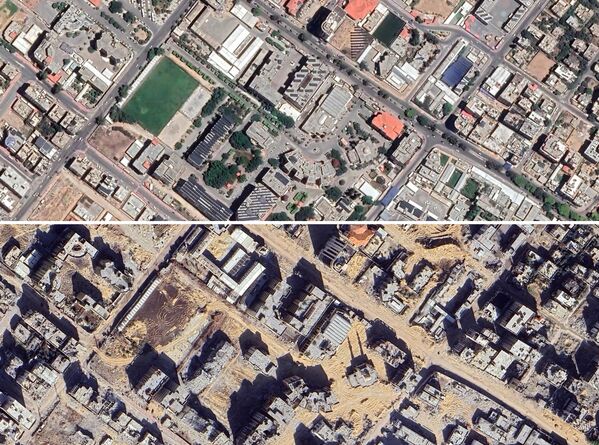 Сателитски снимци Газе у близини универзитета Ал Азхар пре и после израелских напада. Сателитски снимци Газе у близини универзитета Ал Азхар пре и после израелских напада. - Sputnik Србија