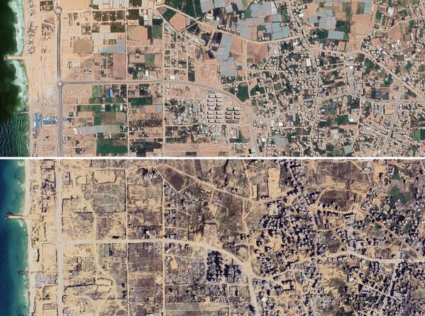 Сателитски снимци насеља Ататра у Гази пре и после израелских напада. Сателитски снимци насеља Ататра у Гази пре и после израелских напада. - Sputnik Србија