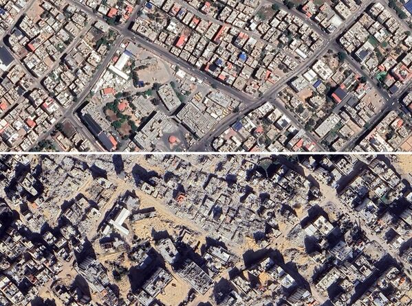 Сателитски снимци Газе у близини болнице Ал Шифа пре и после напада. Сателитски снимци Газе у близини болнице Ал Шифа пре и после напада. - Sputnik Србија