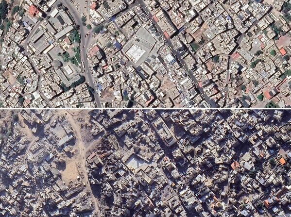 Сателитски снимци Газе у близини Велике џамије, познате и као Омарова Велика џамија, пре и после израелских напада. Сателитски снимци Газе у близини Велике џамије, познате и као Омарова Велика џамија, пре и после израелских напада. - Sputnik Србија