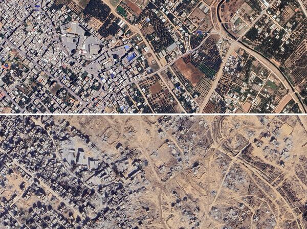 Сателитски снимци Газе у близини школе Фати ал-Балави пре и после израелских напада. Сателитски снимци Газе у близини школе Фати ал-Балави пре и после израелских напада. - Sputnik Србија