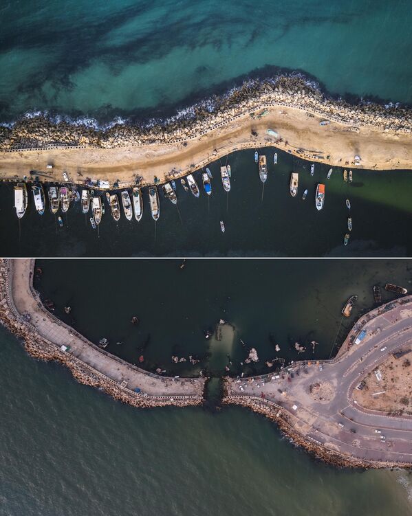 Аероснимак који приказује обалу Газе пре и после израелских напада. Аероснимак који приказује обалу Газе пре и после израелских напада. - Sputnik Србија