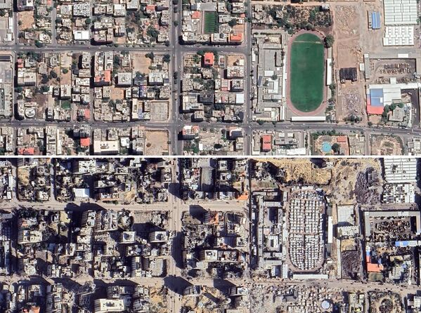 Сателитски снимци улице Ал Јала у Гази пре и после израелских напада. Сателитски снимци улице Ал Јала у Гази пре и после израелских напада. - Sputnik Србија