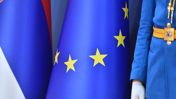 Српски гардиста крај застава ЕУ и Србије - Sputnik Србија