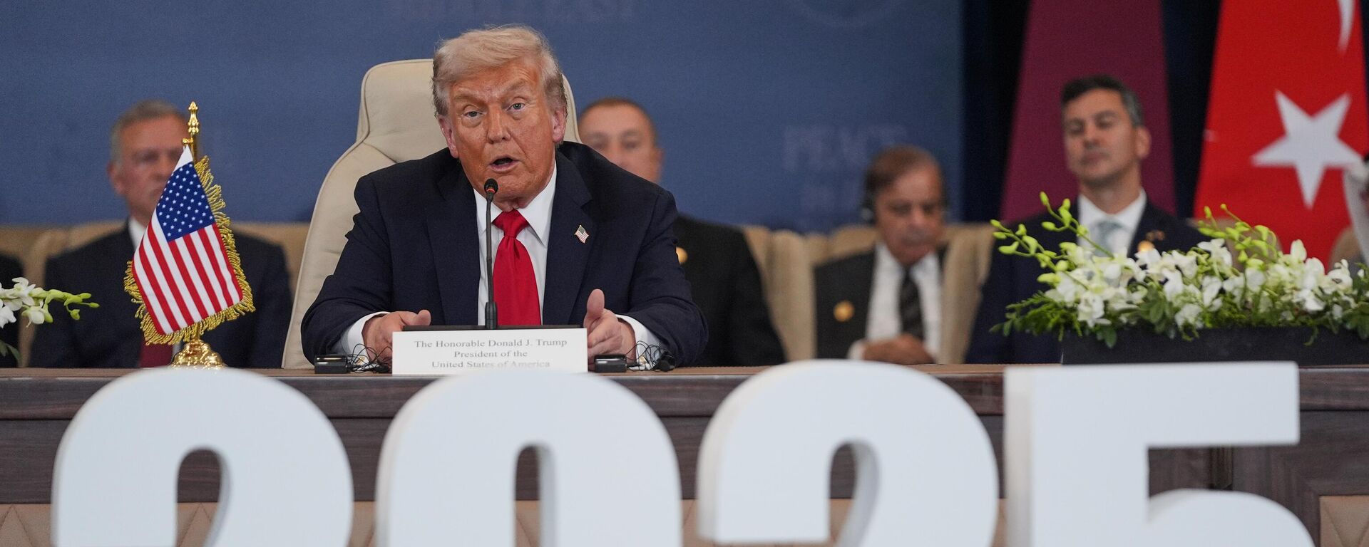 President Donald Trump speaks during a summit to support ending the more than two-year Israel-Hamas war in Gaza after a breakthrough ceasefire deal, Monday, Oct. 13, 2025, in Sharm El Sheikh, Egypt. ( - Sputnik Србија, 1920, 19.10.2025