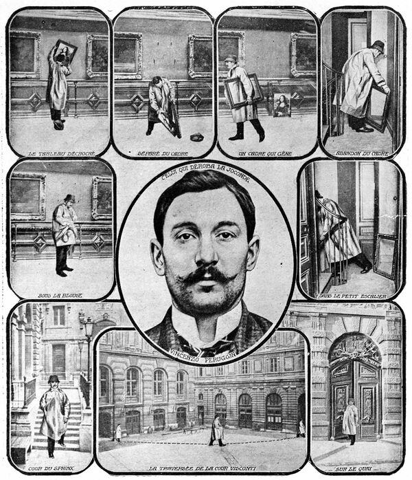 Можда најпознатији случај крађе уметничких дела догодио се 21. августа 1911. године, када је Мона Лизу из Лувра украо радник у чувеном музеју, Винћенцо Перуђа, који је ухваћен после две године. Приметивши да у просторији у којој се налази Мона Лиза нема стражара ни посетилаца, скинуо је слику са клинова, извадио је из рама и изашао из Лувра носећи је под руком. Можда најпознатији случај крађе уметничких дела догодио се 21. августа 1911. године, када је Мона Лизу из Лувра украо радник у чувеном музеју, Винћенцо Перуђа, који је ухваћен после две године. Приметивши да у просторији у којој се налази Мона Лиза нема стражара ни посетилаца, скинуо је слику са клинова, извадио је из рама и изашао из Лувра носећи је под руком. - Sputnik Србија