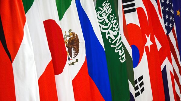 Flagi v meždunarodnom mediacentre G20 v Nью-Deli - Sputnik Srbija