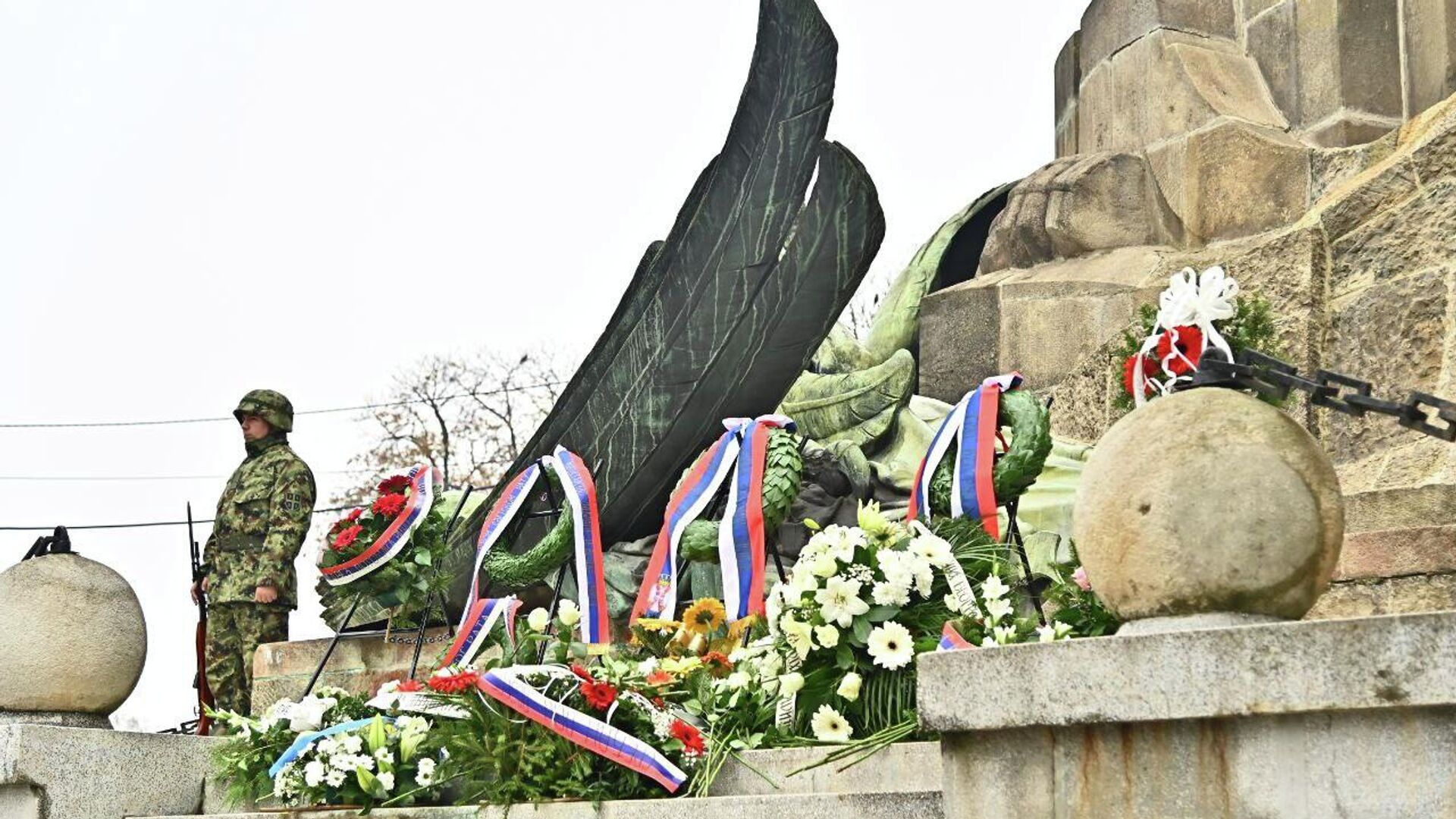 Централна државна церемонија поводом обележавања Дана примирја у Првом светском рату одржана је код Спомен костурнице бранилаца Београда у Првом светском рату на Новом гробљу - Sputnik Србија, 1920, 11.11.2025