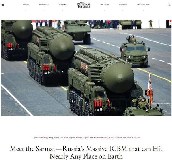 Skrinšot iz članka „Meet the Sarmats – Russia’s Massive ICBM that can Hit Nearly Place on Earth“, objavljenog u američkom vojno-političkom časopisu „Nešenl interest“ - Sputnik Srbija