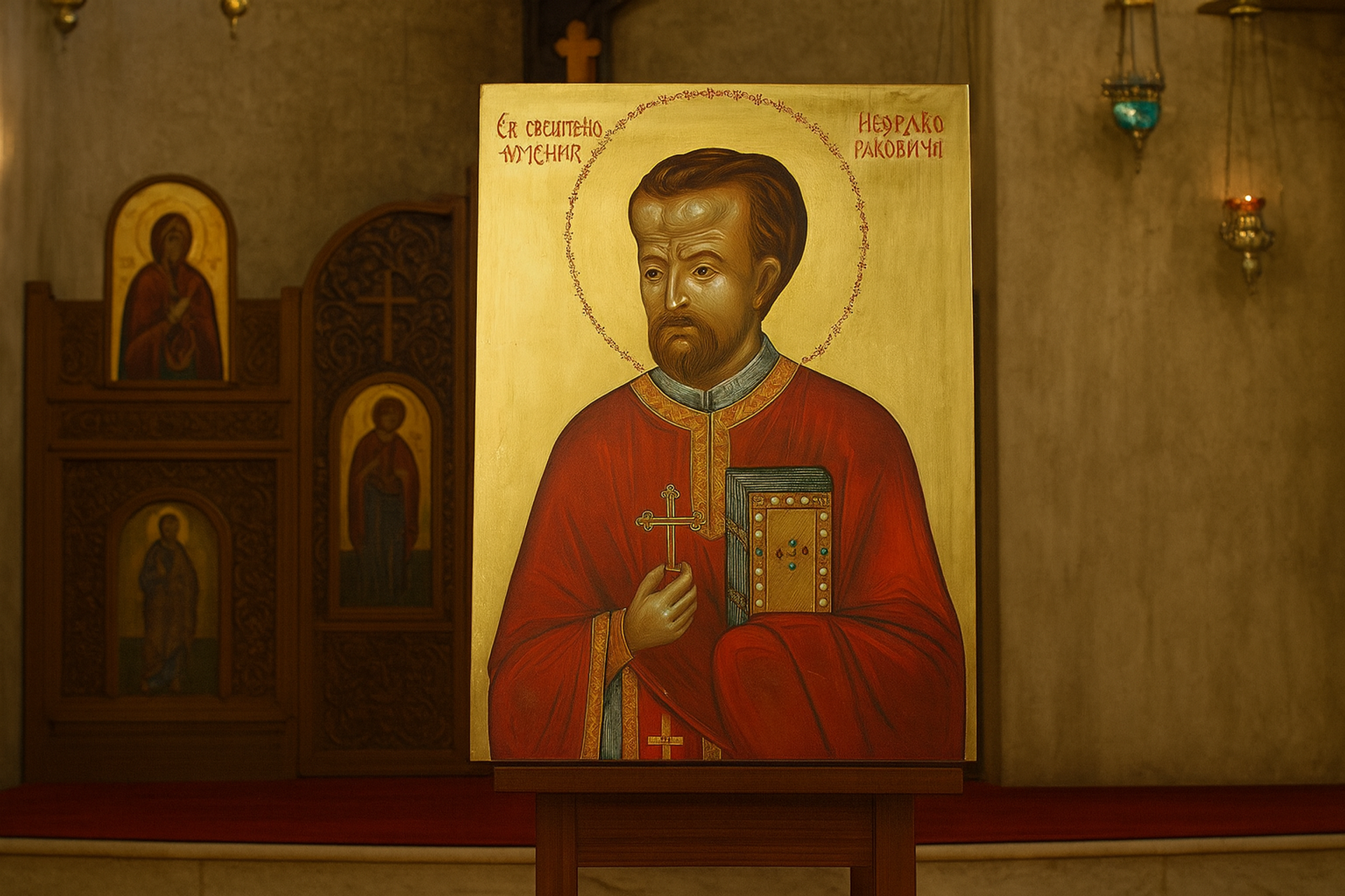 Аздејковић, који је поред теологије завршио и Академију примењених уметности, осликао је икону Свештеномученика Недељка Раковичког - Sputnik Србија, 1920, 30.11.2025