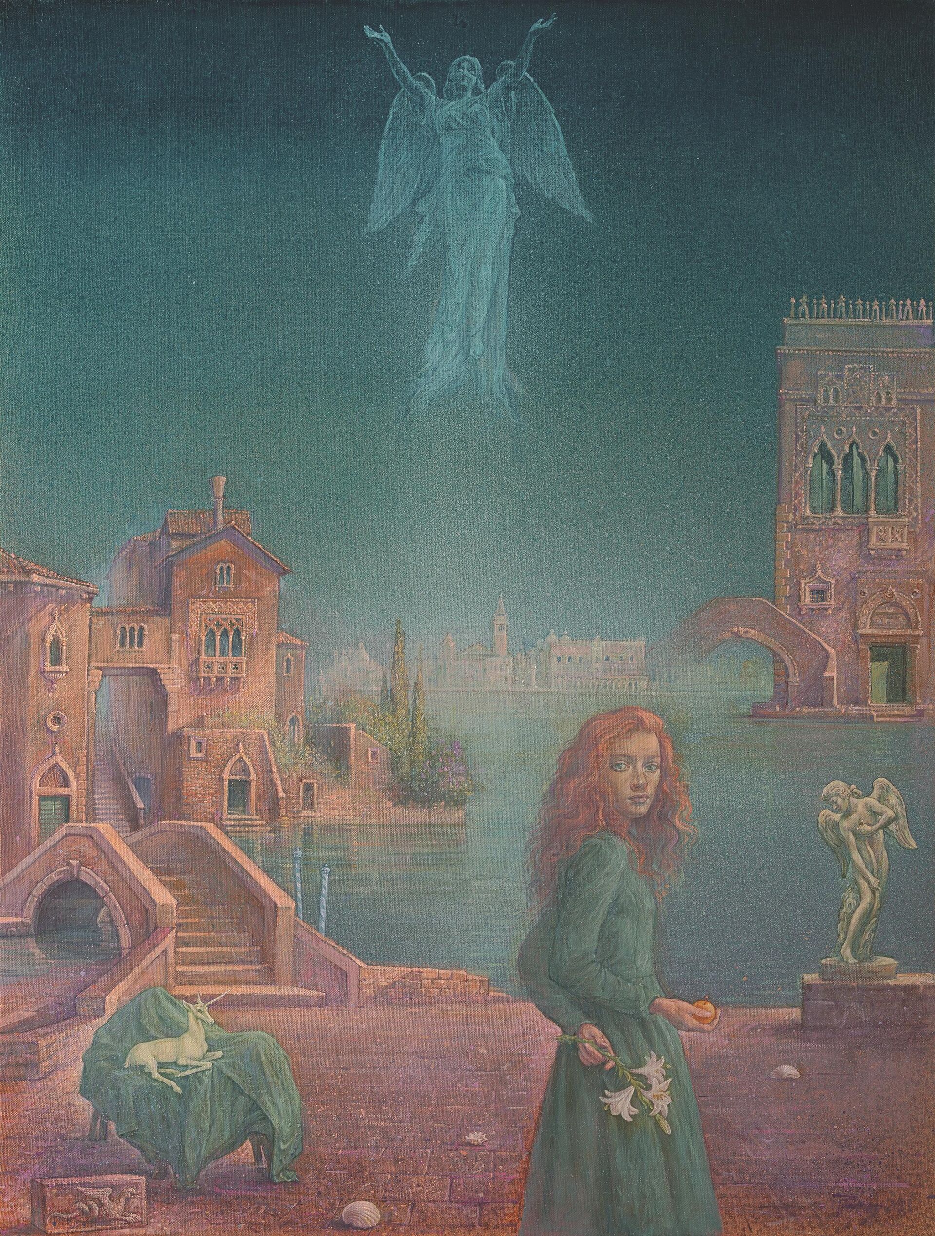 Предраг Пеђа Милошевић, Девојка са крином и златном јабуком, уље на платну, 2023. Предраг Пеђа Милошевић, Девојка са крином и златном јабуком, уље на платну, 2023. - Sputnik Србија, 1920, 12.12.2025