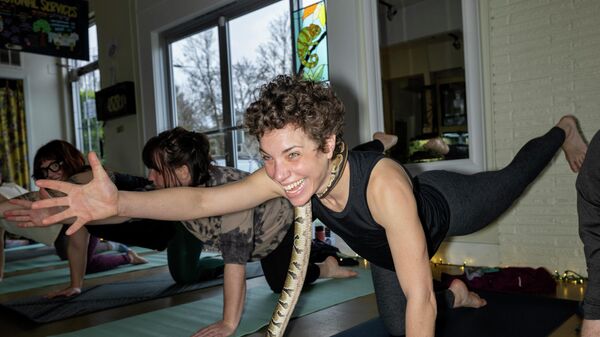 Ребекка Джейкобсон во время занятия йогой со змеями в Портленде, США - Sputnik Србија