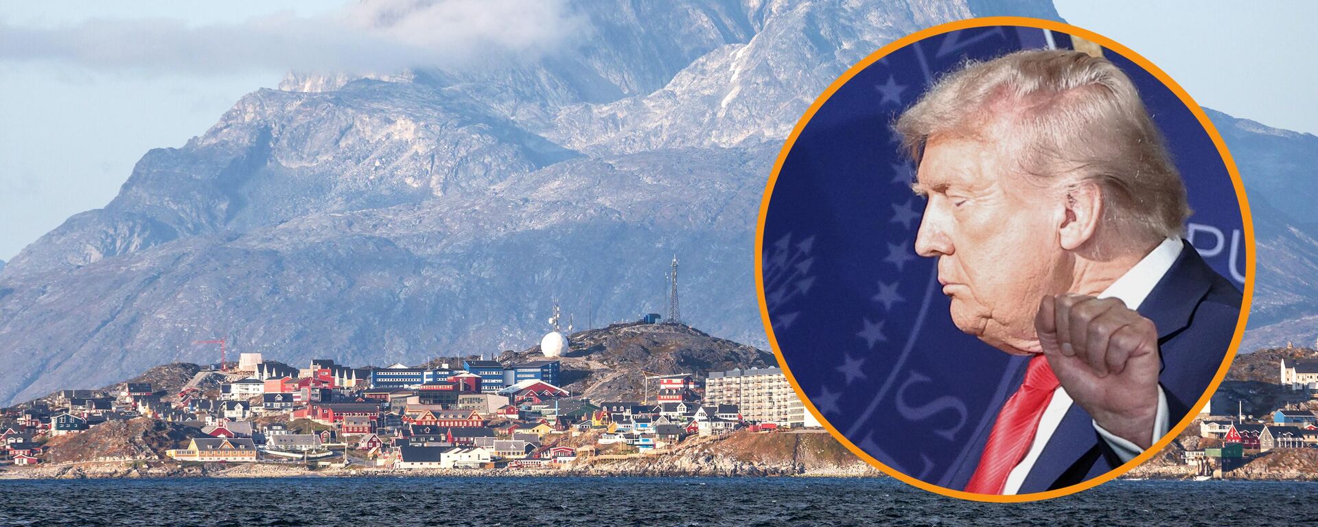 Президент США Дональд Трамп и вид на город Нуук на острове Гренландия - Sputnik Србија, 1920, 20.01.2026