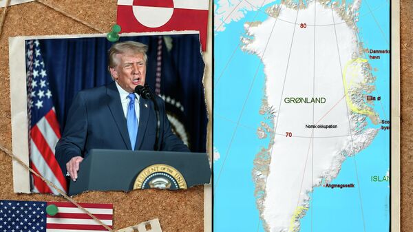 Президент США Дональд Трамп и карта Гренландии - Sputnik Србија