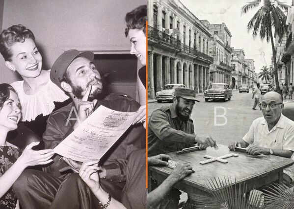 Лево: Кубанском лидеру Фиделу Кастру уручују позивницу за бал фото-новинара у Њујорку, 23. априла 1959. године.Десно: Фидел Кастро игра домине са пензионерима на Куби (АИ) - Sputnik Србија