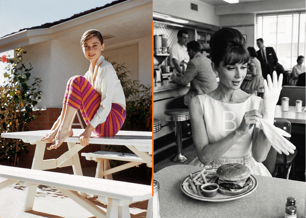 Лево: Британска глумица Одри Хепберн позира фотографу.Лево: Одри Хепберн једе бургер. - Sputnik Србија