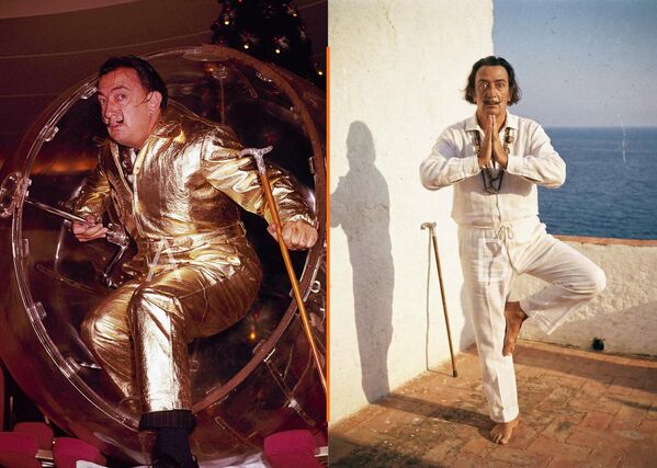 Лево: Уметник Салвадор Дали стиже у Њујорк 22. децембра 1959. године у златном кожном костиму и са великом пластичном куглом. Десно: Салвадор Дали вежба јогу (АИ). - Sputnik Србија