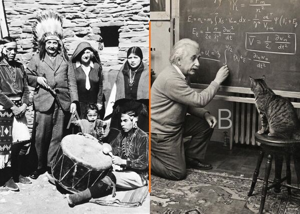 Лево: Професор Алберт Ајнштајн позира са својом супругом Елзом Ајнштајн и представницима племена Хопи у Гранд кањону, савезна држава Аризона, март 1931. године.Десно: Професор Алберт Ајнштајн објашњава теорију мачки (АИ). - Sputnik Србија
