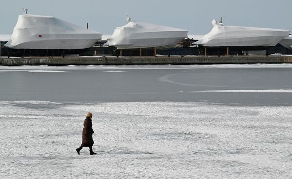 Жена шета по леду на насипу марине Спортивне гавани у Владивостоку. - Sputnik Србија