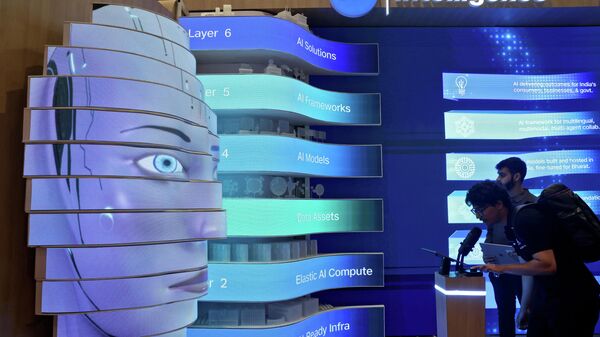 Intellektualьnый bot kompanii Jio Intelligence na sammite AI Impact Summit v Nью-Deli, Indiя - Sputnik Srbija