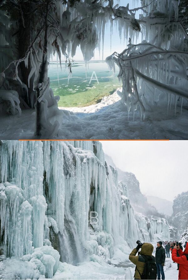 Горе: Ледене обале језера Мичиген (стварна фотографија).Доле: Туристи фотографишу замрзнути водопад у Кини (АИ фотографија). - Sputnik Србија