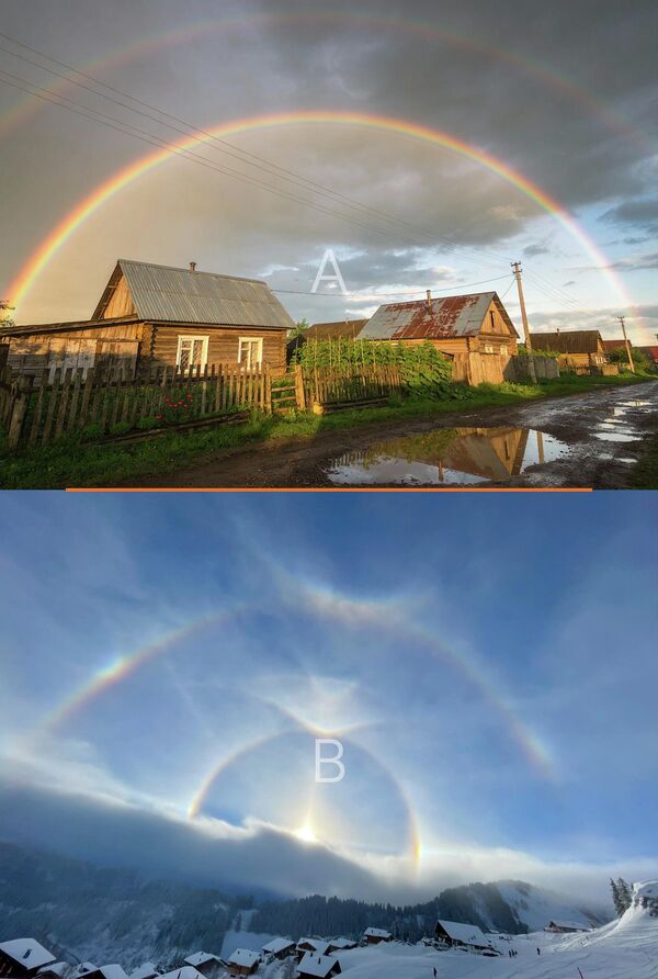 Горе: Двострука дуга изнад кровова после летње кише (АИ фотографија).Доле: Комплексна комбинација хало појава, пархелије (сунчеви пси), хало од 22 степена (стварна фотографија). - Sputnik Србија